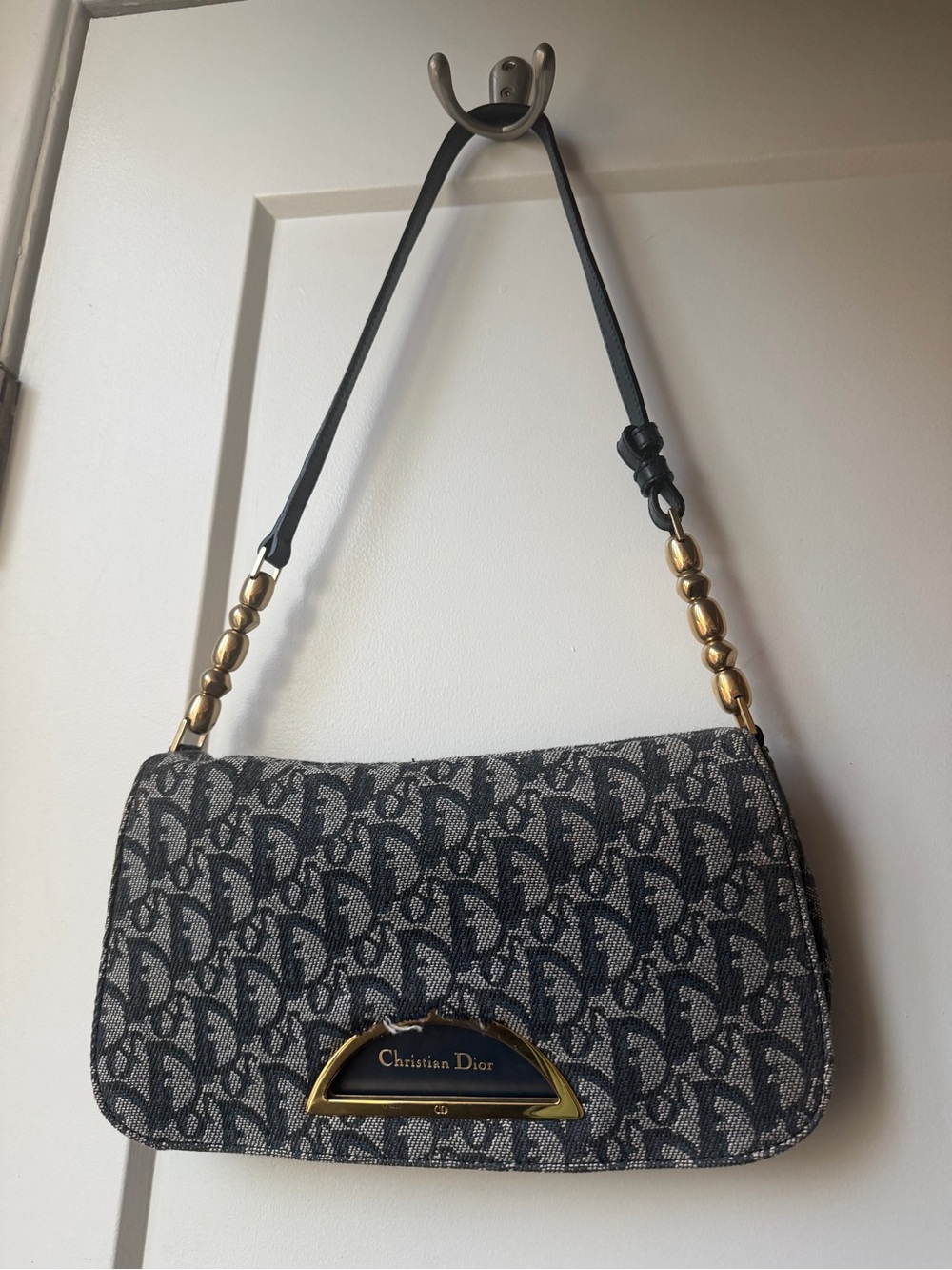 Dior Navy and Beige Logo Jacquard Crossbody Bag with Gold-Tone Accent